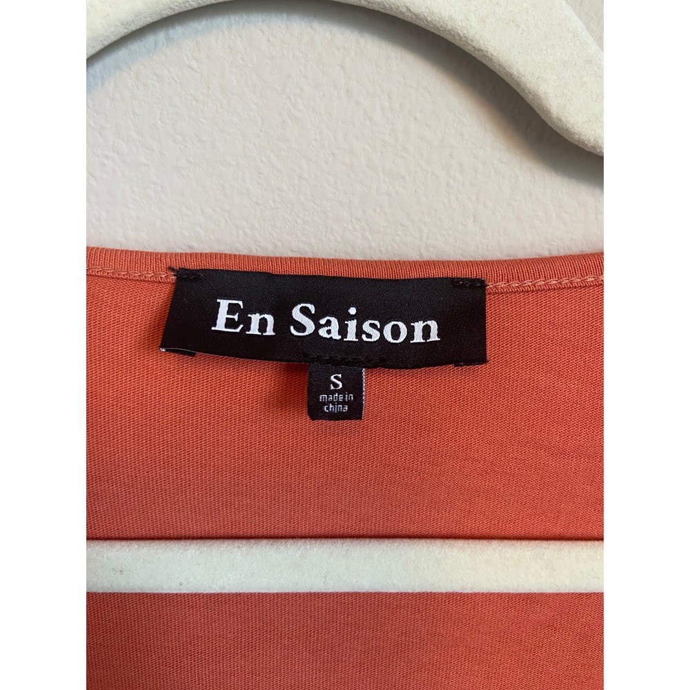 En Saison Coral Orange Mixed Media Peplum Top‎ Puff Sleeve V-Neck Small - Picture 2 of 8